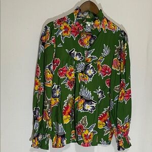 Jade Green Floral Mock Neck Long Sleeve Blouse Large